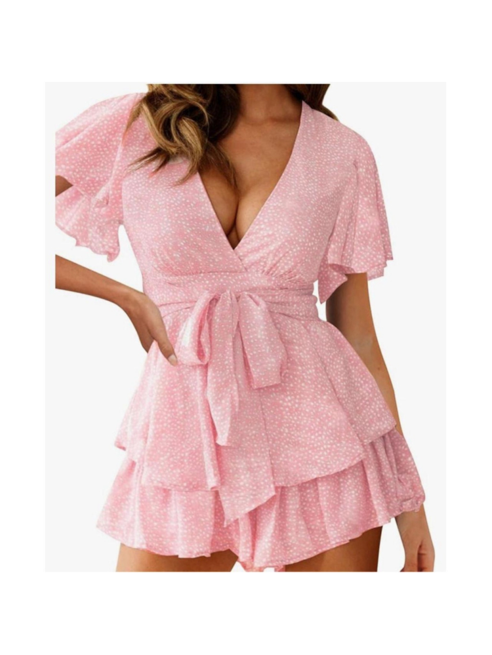 NEW Floral Romper doubl Layer Ruffle Neck M
Pink floral 

Polyester
Care instruc